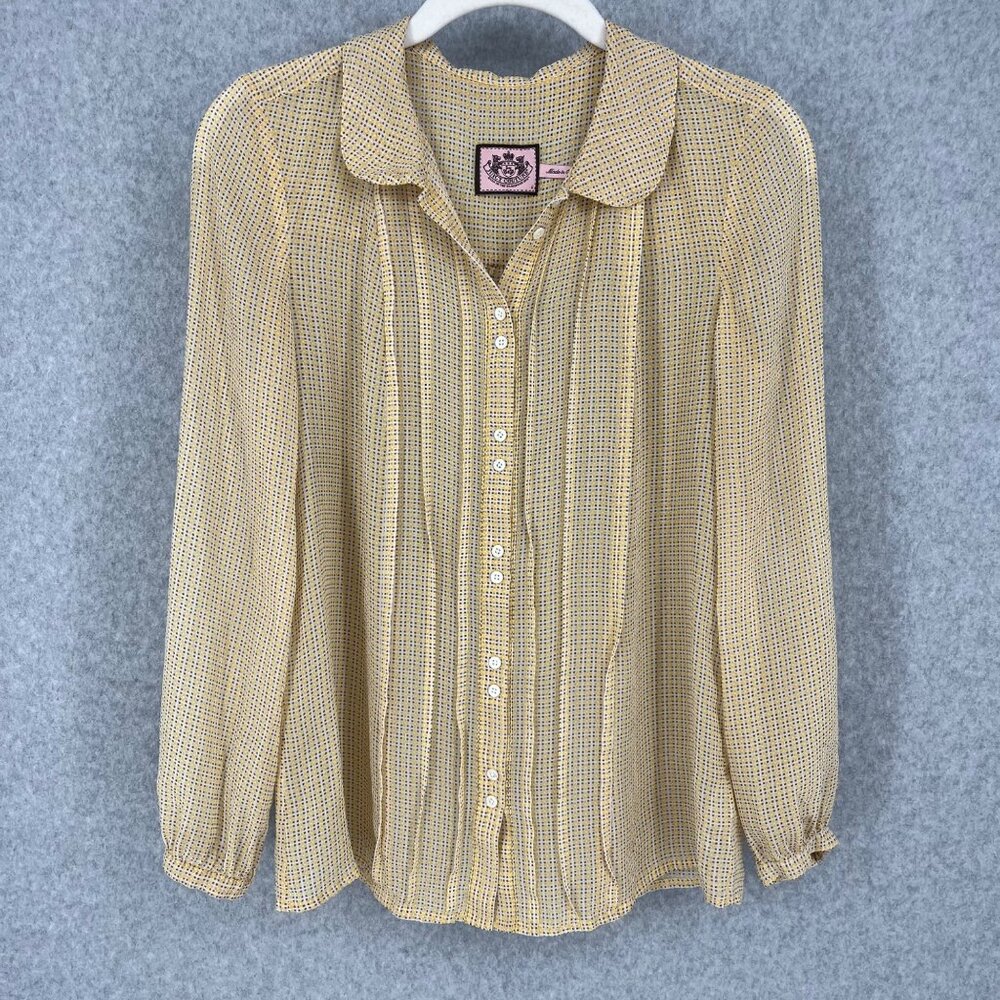 Juicy Couture Womens Vintage Silk Pleated Blouse Size 4 Yellow Collared Academia